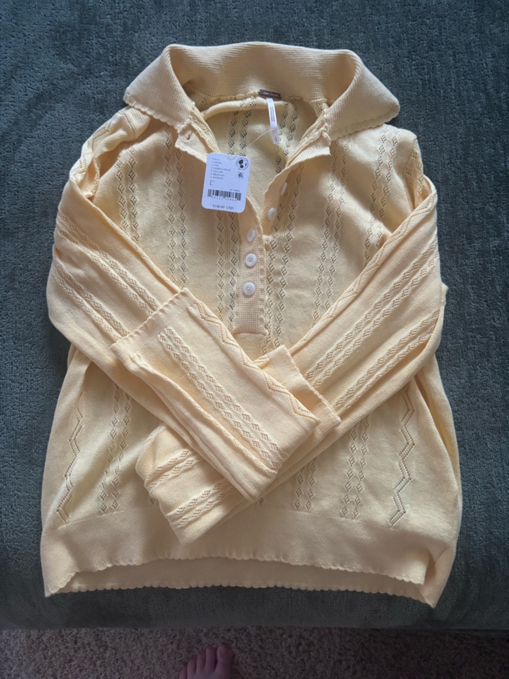 Free People Soft Pastel Yellow Eyelet Polo Sweater
